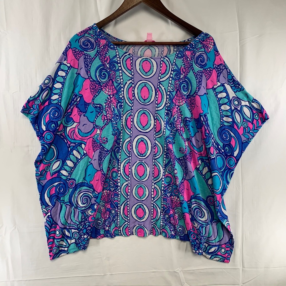 Lilly Pulitzer Kaftan‎ Top Women S/M Blue Pink Sea Life Print 14093 Boho Blouse